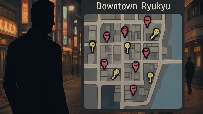 Карта района Downtown Ryukyu из Yakuza Kiwami 3 с отмеченными локациями локеров и ключей для сбора.