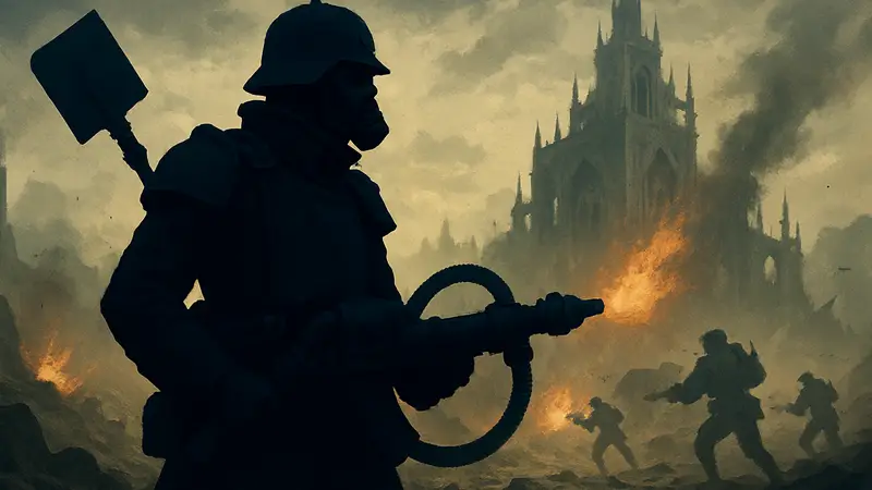 Персонаж Helldivers 2 с тактической лопатой или огнемётом из варбонда "Корпус Смерти Крига"
