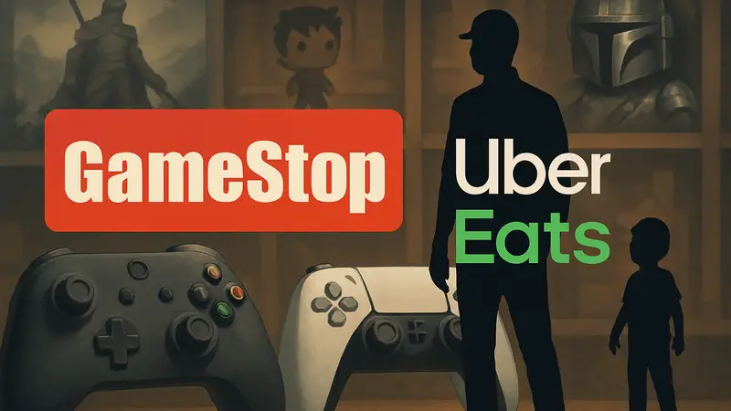 Логотипы GameStop и Uber Eats на фоне игровых контроллеров и коллекционных фигурок.