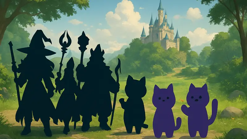 Игровые персонажи из Spirit King Quest и герои аниме «Кошки — хозяева мира» в стиле кроссовера.