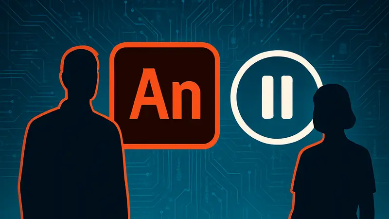 Логотип Adobe Animate и символ 'Пауза' или 'Поддержка' на фоне цифровых технологий