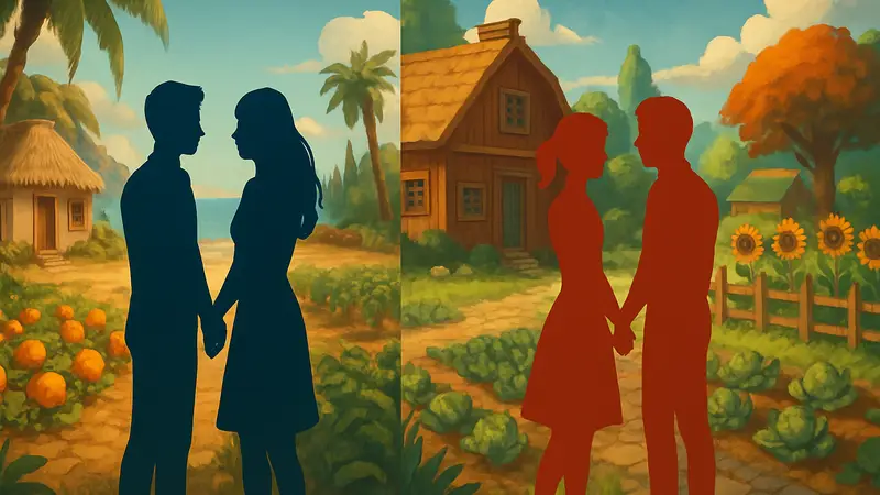 Сравнение романтических опций Starsand Island и Stardew Valley на фоне фермерских игр.