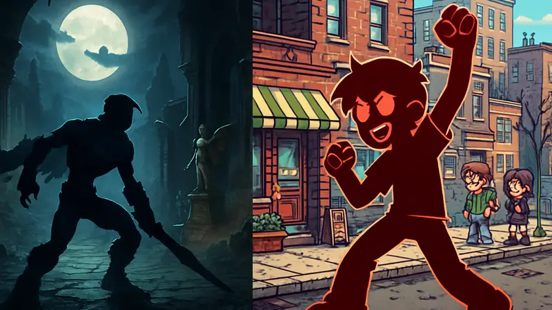 Скриншоты из игр Legacy of Kain и Scott Pilgrim, демонстрирующие их уникальные стили и персонажей.