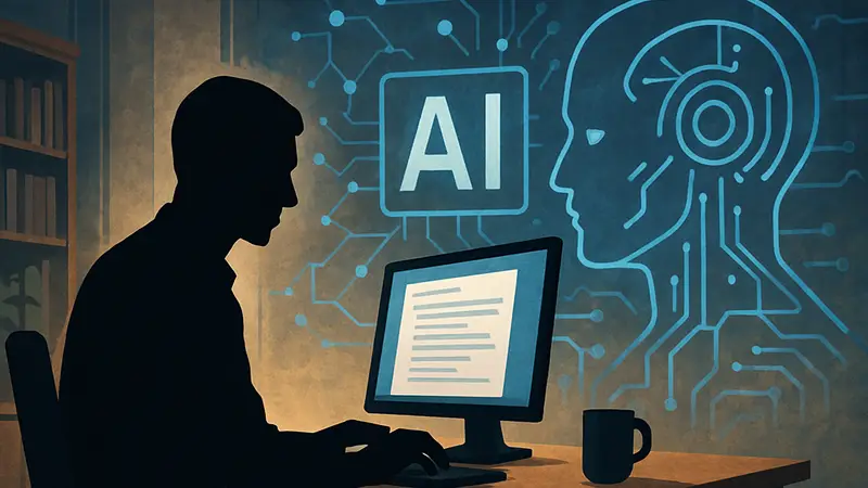 Человек, работающий за компьютером, с элементами ИИ в дизайне