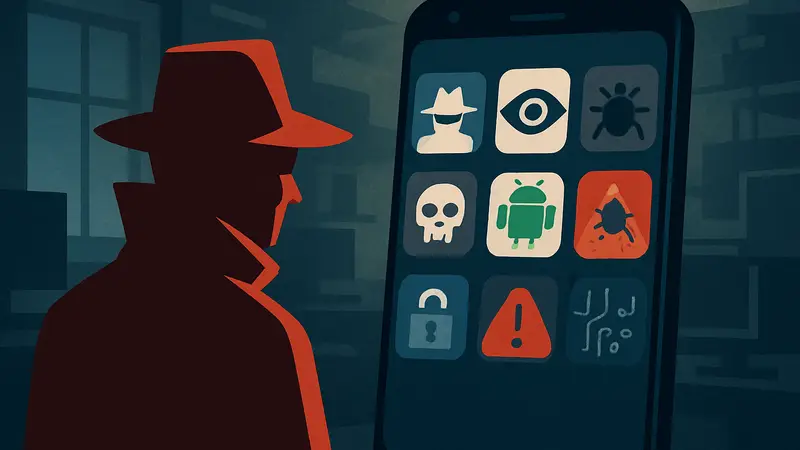 Изображение смартфона Android с иконками приложений, символизирующими шпионский софт и киберугрозы