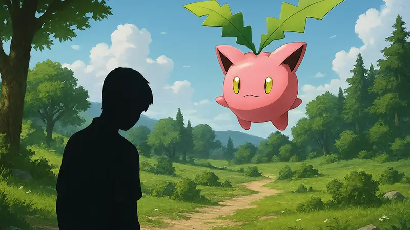 Игровой арт или скриншот из Pokémon Pokopia, показывающий покемона Хоппип на фоне.