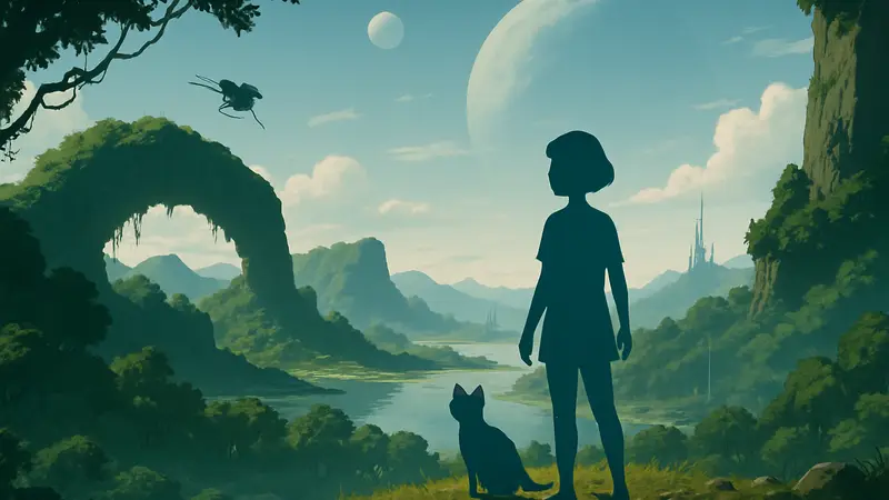 Главная героиня Planet of Lana 2 с компаньоном-котом на фоне инопланетного пейзажа.