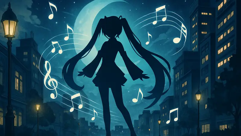 Изображение Хацунэ Мику из Hatsune Miku Graphy Collection Mystery Music Planet Re:Merge, окруженное музыкальными нотами.