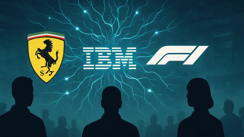 Логотипы Ferrari, IBM и Формулы-1, соединенные нейронными сетями, символизирующими искусственный интеллект.