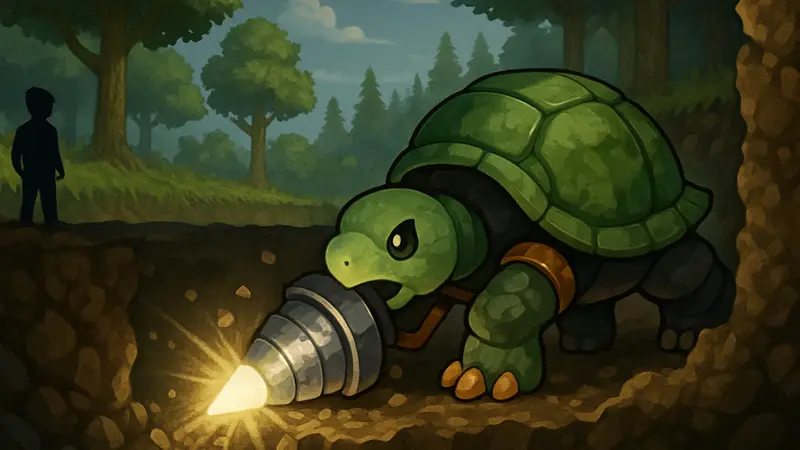Изображение Дигтойса, нового питомца-черепахи из Terraria, выполняющего бурение