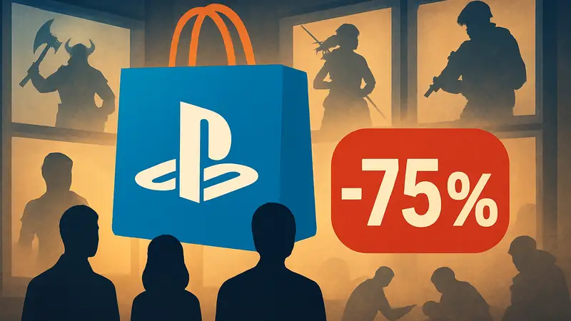 Логотип PlayStation Store с иконками игр и надписью «Распродажа». Знак скидки до 75%.