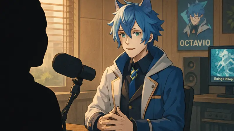Виртуальный ютубер Octavio из Holostars во время интервью о музыке.