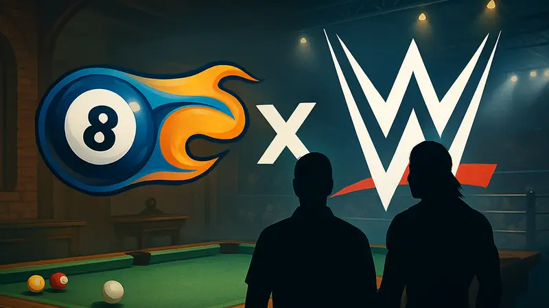 Логотипы 8 Ball Pool и WWE, объединённые в коллаборации.