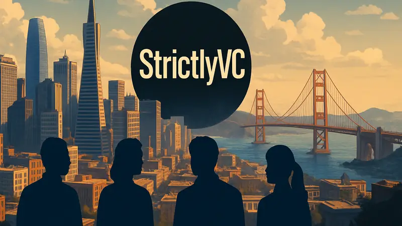 Логотип конференции StrictlyVC на фоне городского пейзажа Сан-Франциско, символизирующий встречу лидеров технологической отрасли.