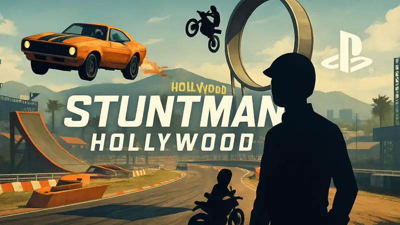 Логотип Stuntman Hollywood на фоне гоночной трассы с выполняемыми трюками для PS5