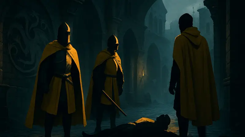 Сцена из сериала "Дом Дракона" с Золотыми Плащами и элементами таинственного убийства, подчеркивающая мрачную атмосферу.
