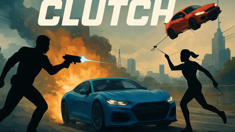 Обложка игры Clutch, демонстрирующая гоночные автомобили и экшен-сцены с гаджетами.