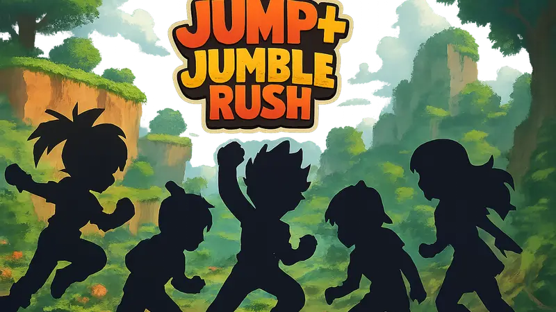 Логотип или арт из мобильной игры Jump+ Jumble Rush с персонажами аниме