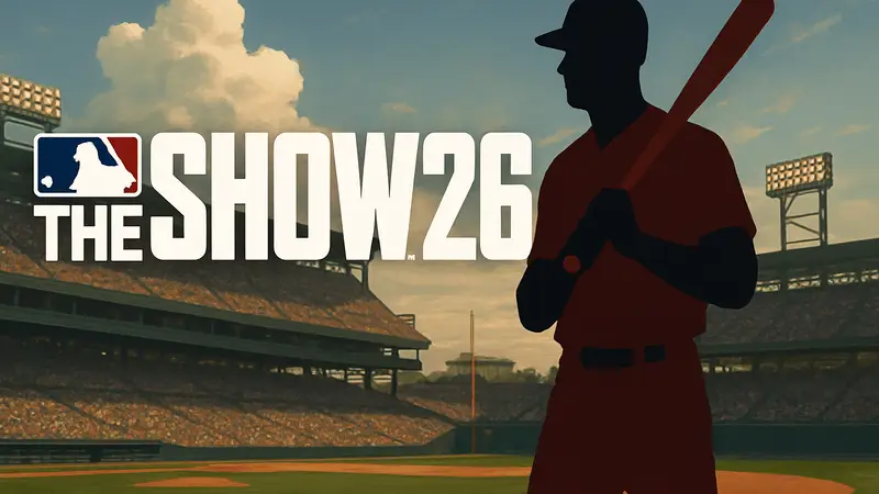 Обложка игры MLB The Show 26, бейсболист на стадионе.