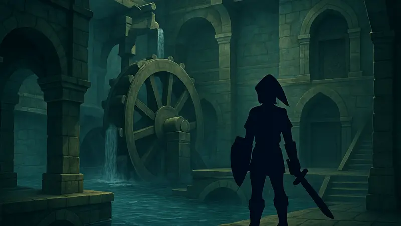 Изображение Храма Воды из игры The Legend of Zelda: Ocarina of Time, показывающее водные механизмы