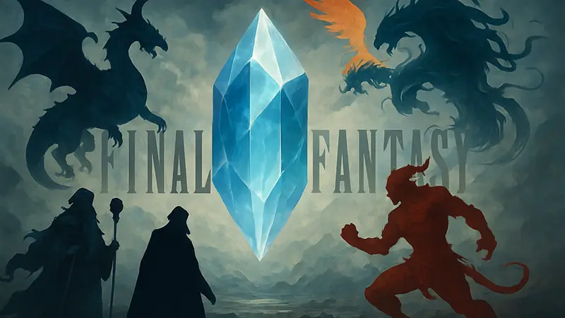 Кристаллы и призываемые существа из мифологии Final Fantasy на фоне логотипа серии