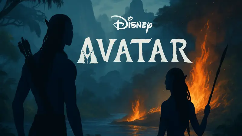 Логотип фильма «Аватар» с подзаголовком «Пламя и пепел» и символикой Disney.