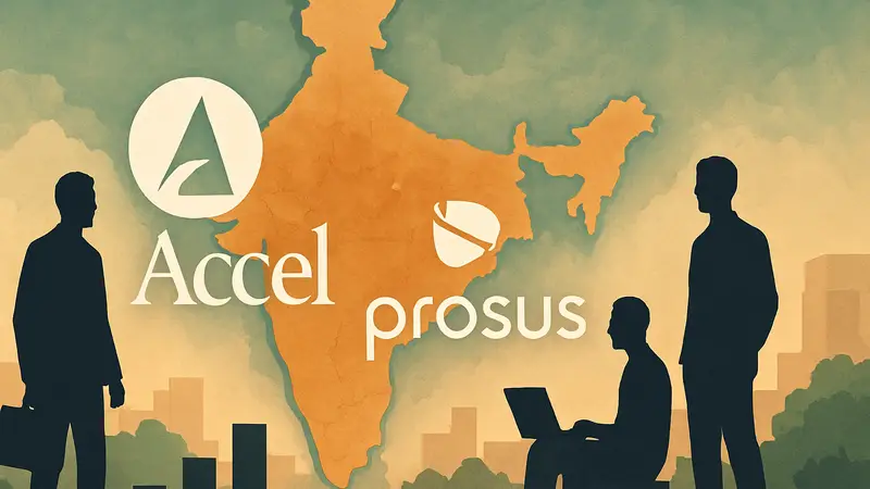 Логотипы Accel и Prosus на фоне стилизованной карты Индии, символизирующие инвестиции в перспективные стартапы.