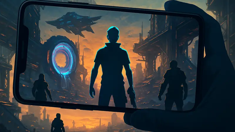 Футуристический арт Prism 2033, демонстрирующий элементы MMORPG и футуристического дизайна на мобильном экране.