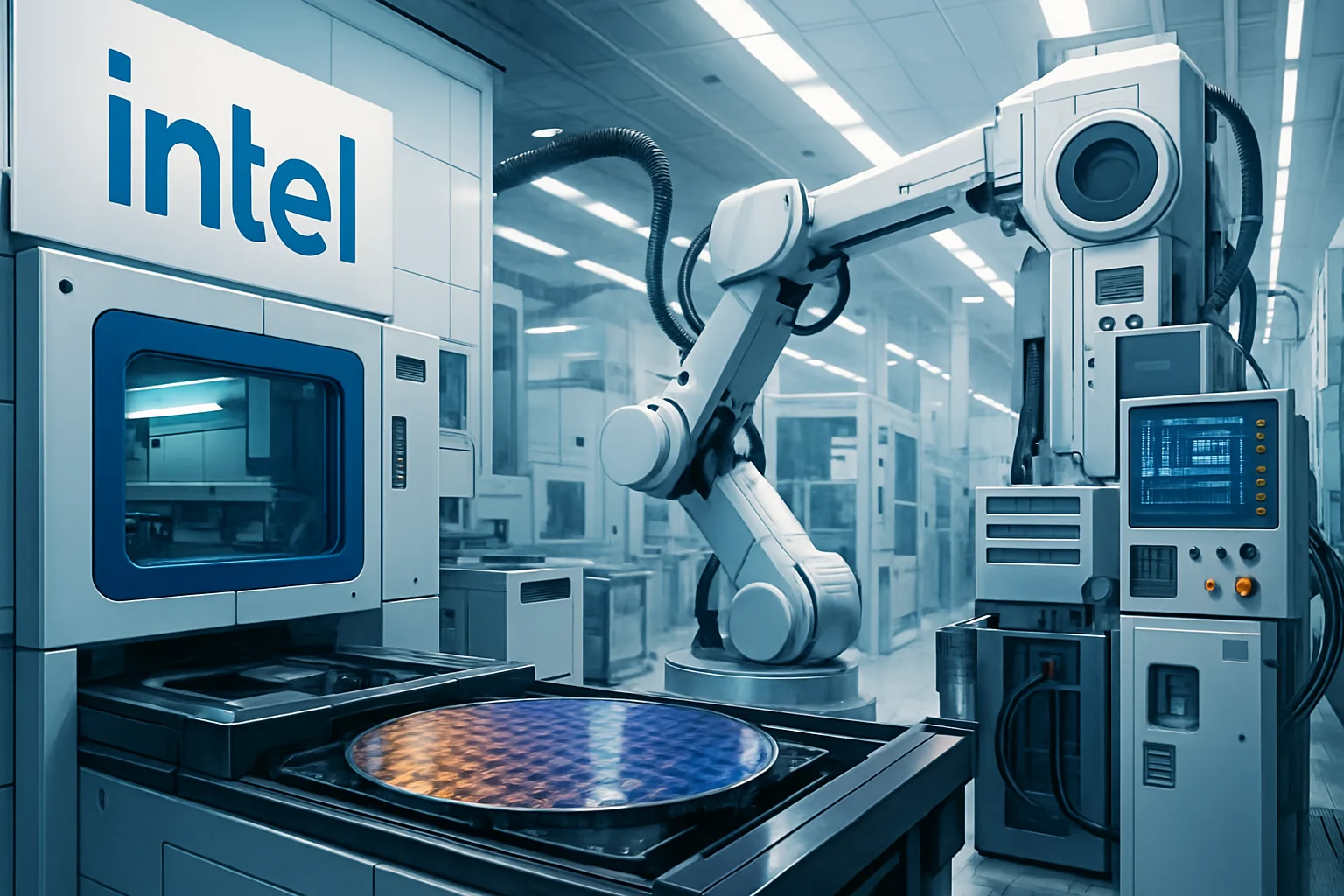 Завод Intel по производству чипов, демонстрирующий высокотехнологичное оборудование для полупроводников.