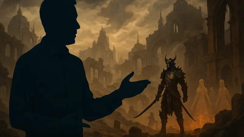 Марк Робертс, директор Path of Exile, на фоне арта из игры, объясняющий изменения контента.