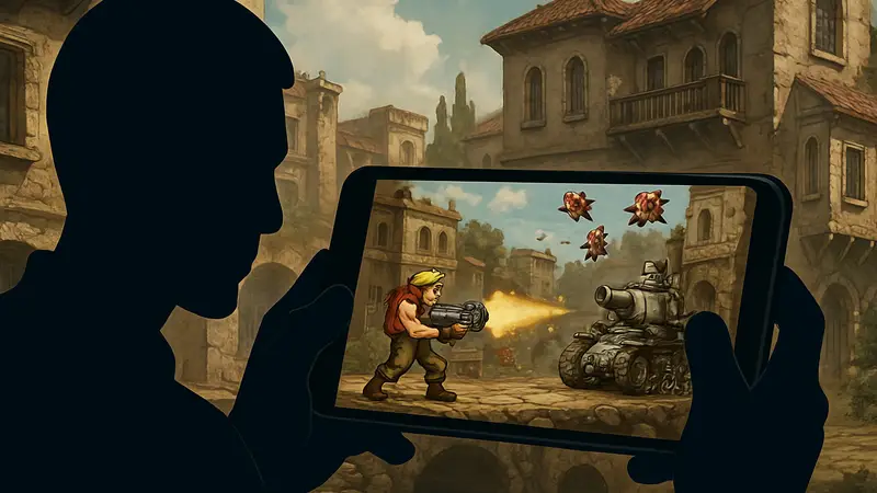 Геймплей Metal Slug Rush на мобильном телефоне с использованием пулемёта Heavy Machine Gun.