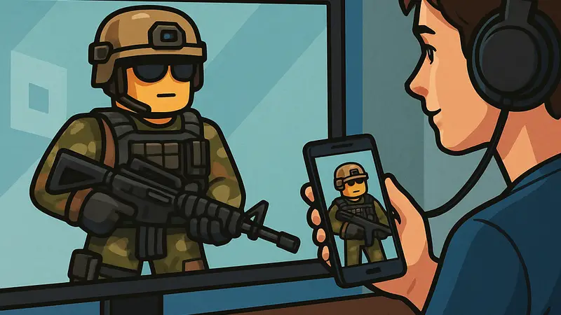 Игрок в Roblox демонстрирует кастомизированный скин для персонажа шутера, купленный за Robux.