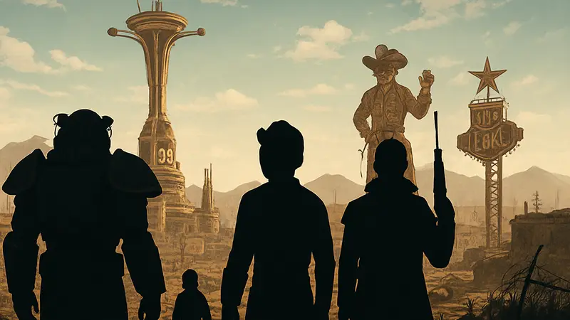 Персонажи сериала Fallout на фоне постапокалиптического Нью-Вегаса