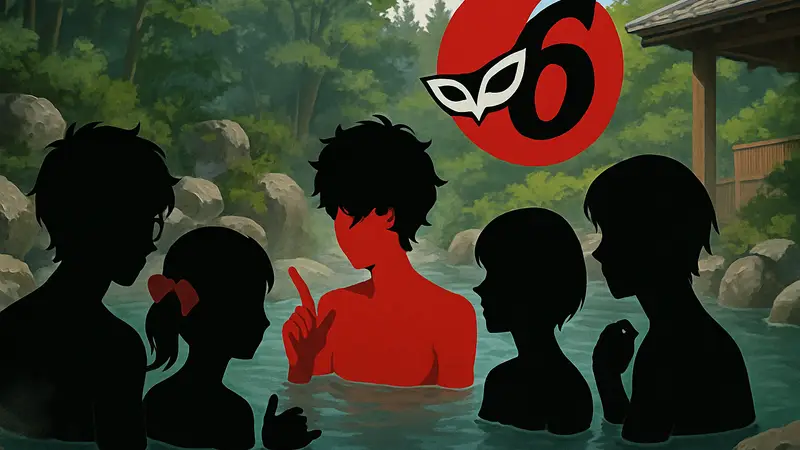 Изображение персонажей из серии Persona у горячих источников, обсуждающих Persona 6.