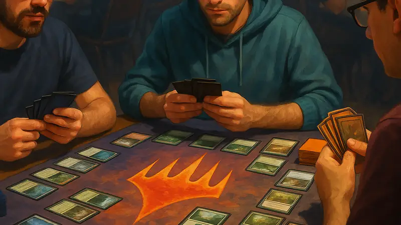 Игроки, участвующие в турнире Magic: The Gathering Premodern, с картами на столе и фокусировкой на игровом процессе.