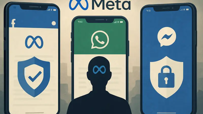 Интерфейсы Facebook, WhatsApp и Messenger с символами безопасности Meta и значками защиты