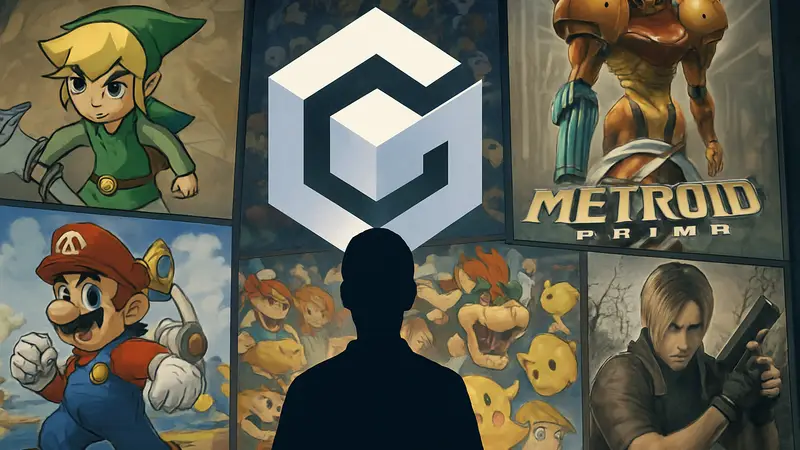Логотип GameCube на фоне обложек культовых игр платформы Nintendo, которые считаются шедеврами.