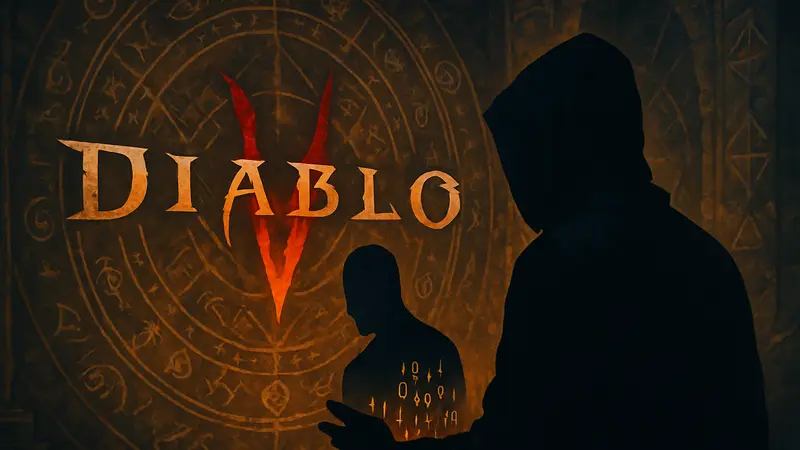 Логотип игры Diablo на фоне мистических символов, символизирующий утечку информации.