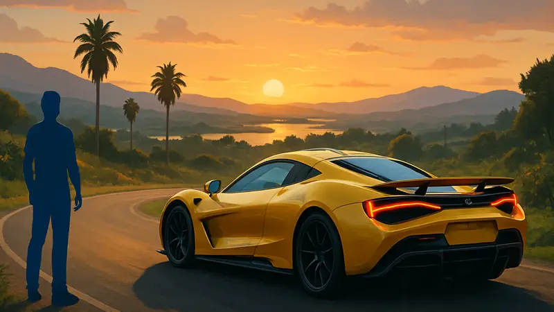 Скоростной автомобиль в Forza Horizon 6 на фоне живописного пейзажа заката, демонстрирующий открытый мир гоночной игры.