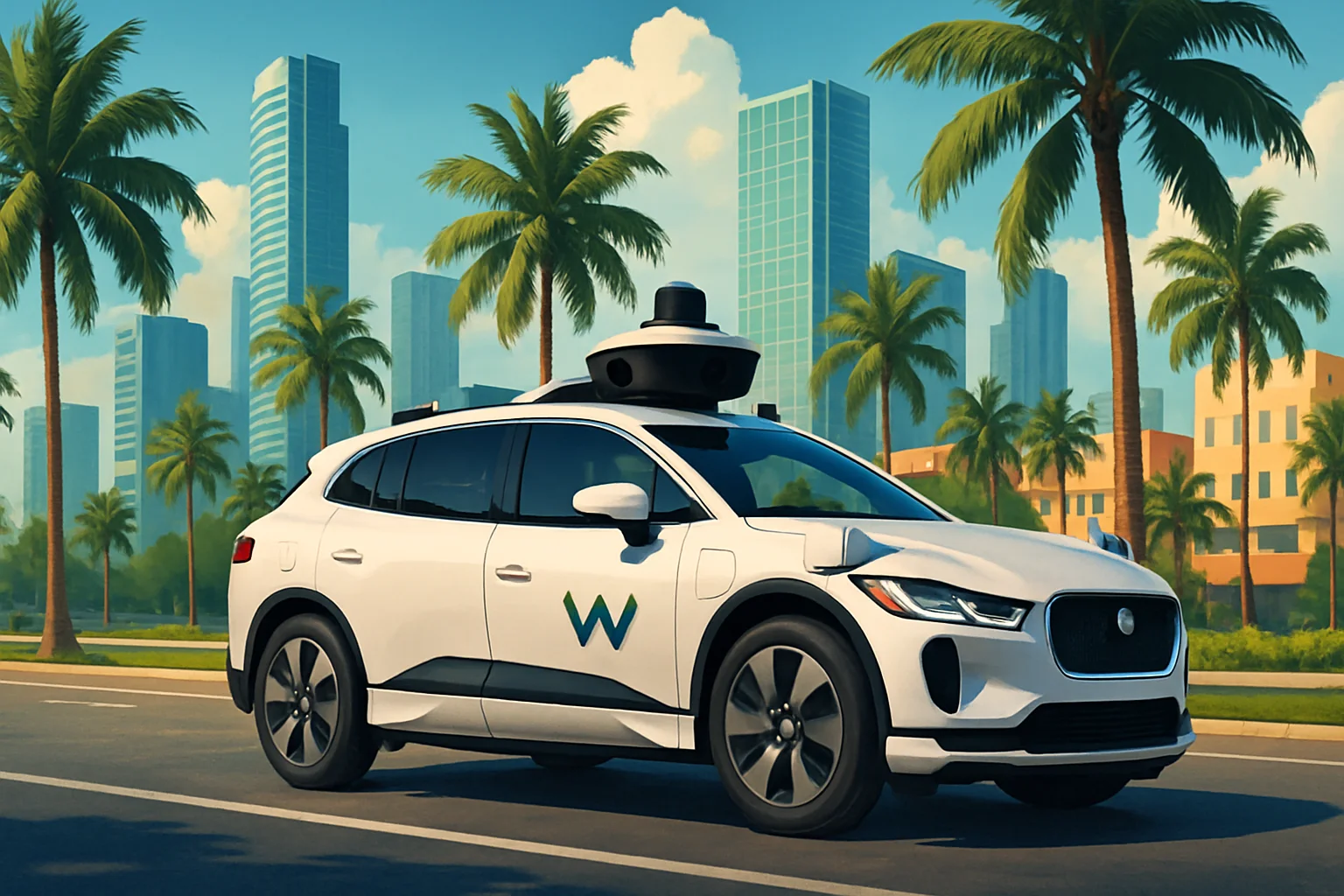Беспилотное такси Waymo, двигающееся по улицам Майами, символизирующее запуск нового сервиса.