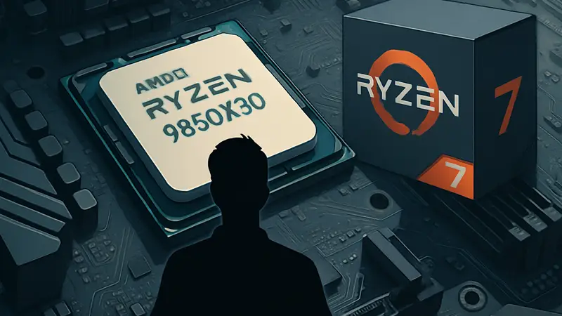Изображение процессора AMD Ryzen 7 9850X3D на материнской плате, демонстрирующее его дизайн и упаковку.