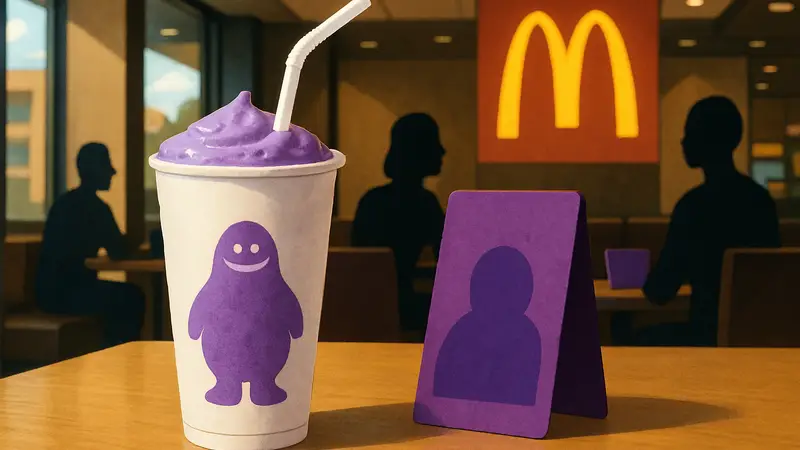 Фиолетовый коктейль Гримаса на столе в McDonald's, элемент пурпурного меню, логотип McDonald's.