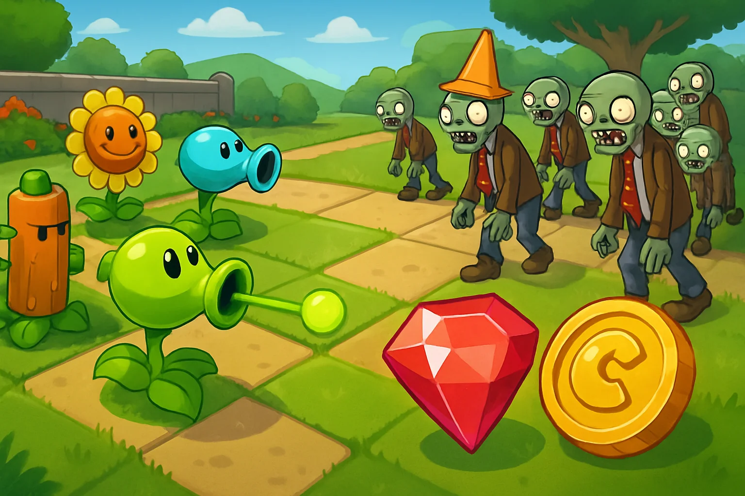 Скриншот из Plants Tower Defense с башнями-растениями, защищающими базу от волн врагов, с иконками гемов и монет.