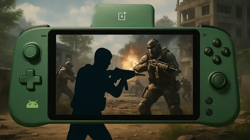 Рендер концепта портативной игровой консоли OnePlus с элементами дизайна Android и игр Call of Duty Mobile.