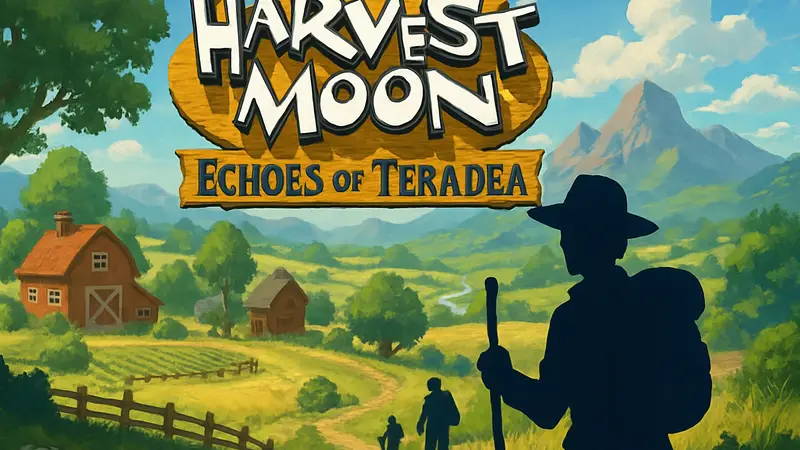 Логотип Harvest Moon: Echoes of Teradea на фоне фермы и пейзажей, намекающих на путешествия.