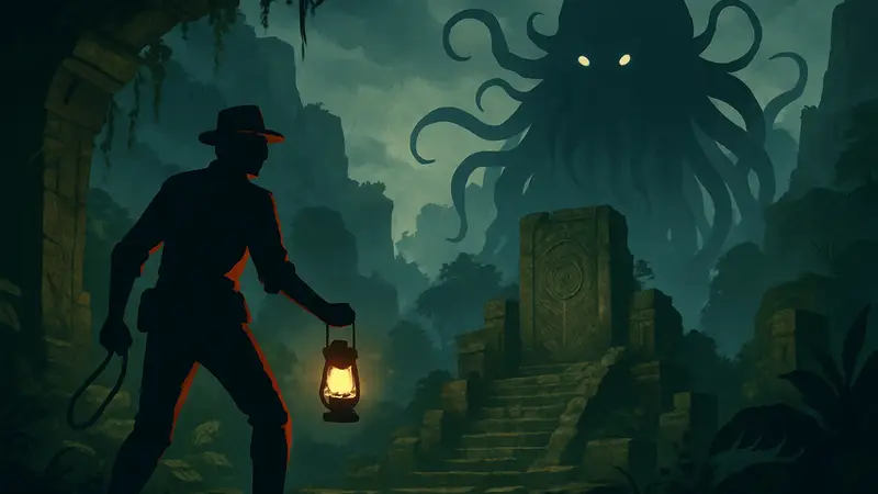 Игровой скриншот из Call of the Elder Gods, показывающий приключения в стиле Лавкрафта и Индианы Джонса.