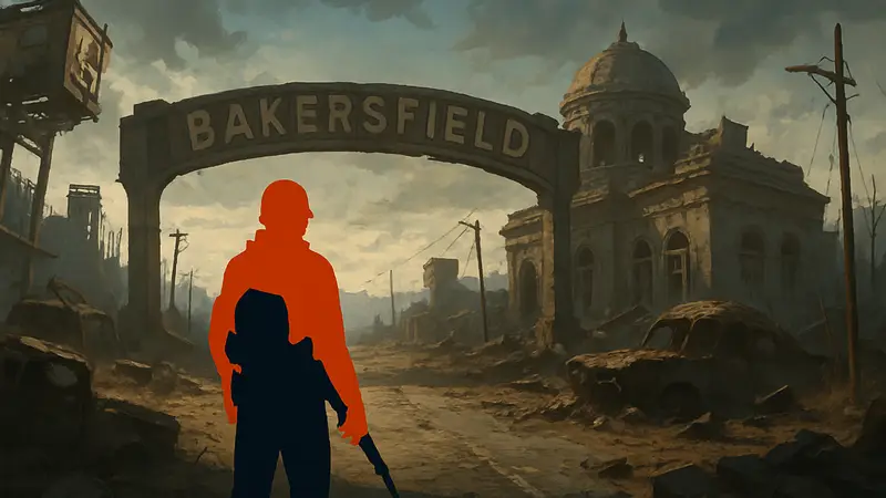 Скриншот или концепт-арт фанатской игры Fallout: Bakersfield с элементами постапокалиптической Пустоши.