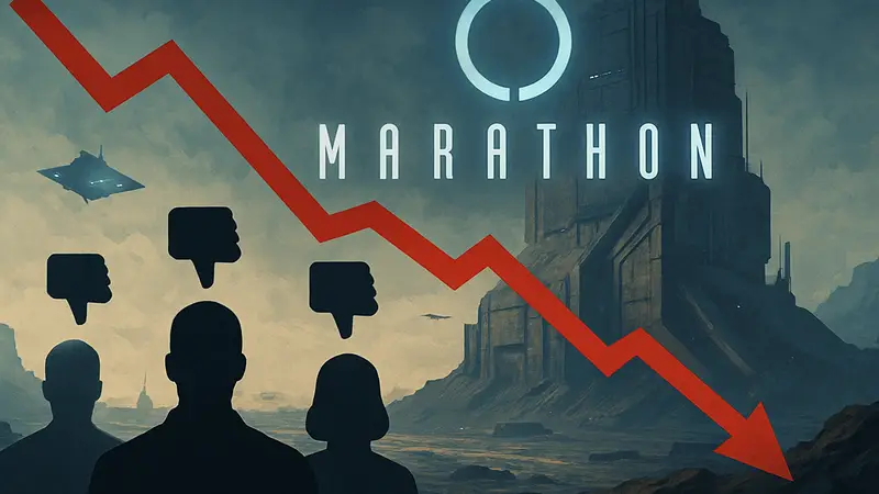 Логотип игры Marathon от Bungie с негативными отзывами или графиком падения рейтинга.