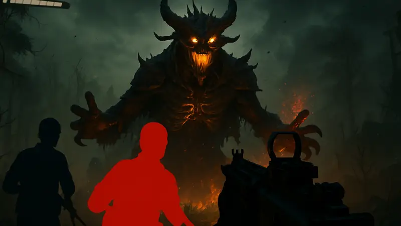 Изображение босса Дракавара из Black Ops 7 Zombies, с элементами игрового интерфейса и оружия.