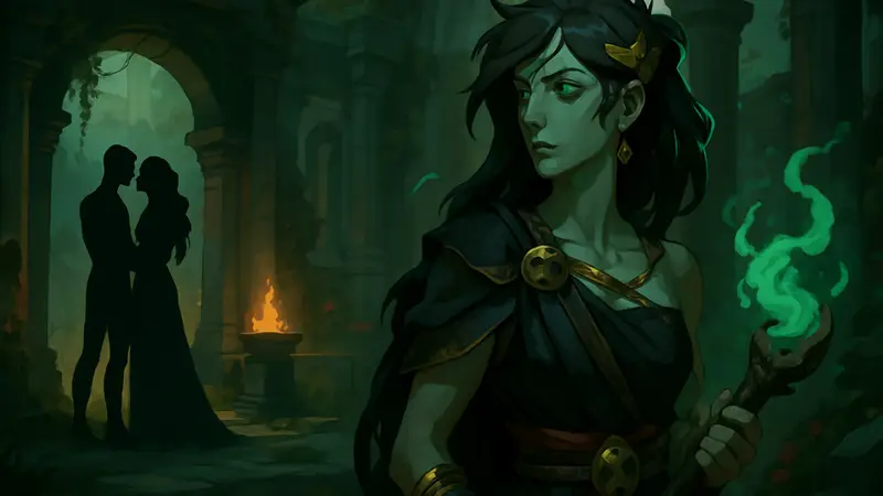 Арт Мелинои из Hades 2, возможно, с романтическим подтекстом или новыми персонажами